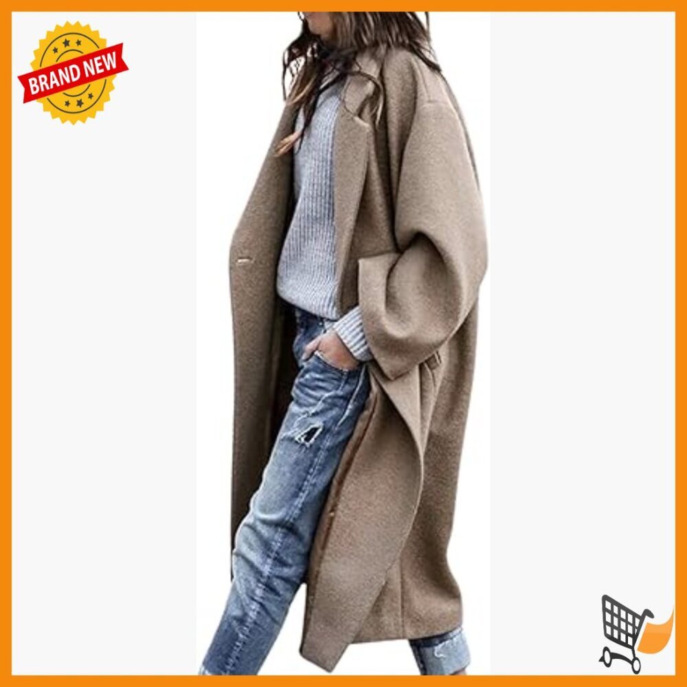 Oversized Wool Blend Trench Coat, Notched Collar, Mid-Calf Length